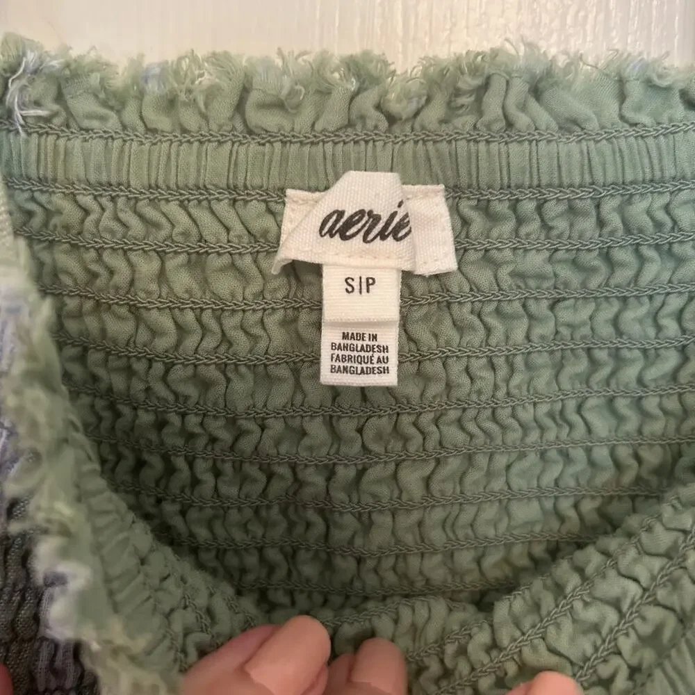 Aerie Smocked Striped Tie Shoulder Tank Top Green White Women S